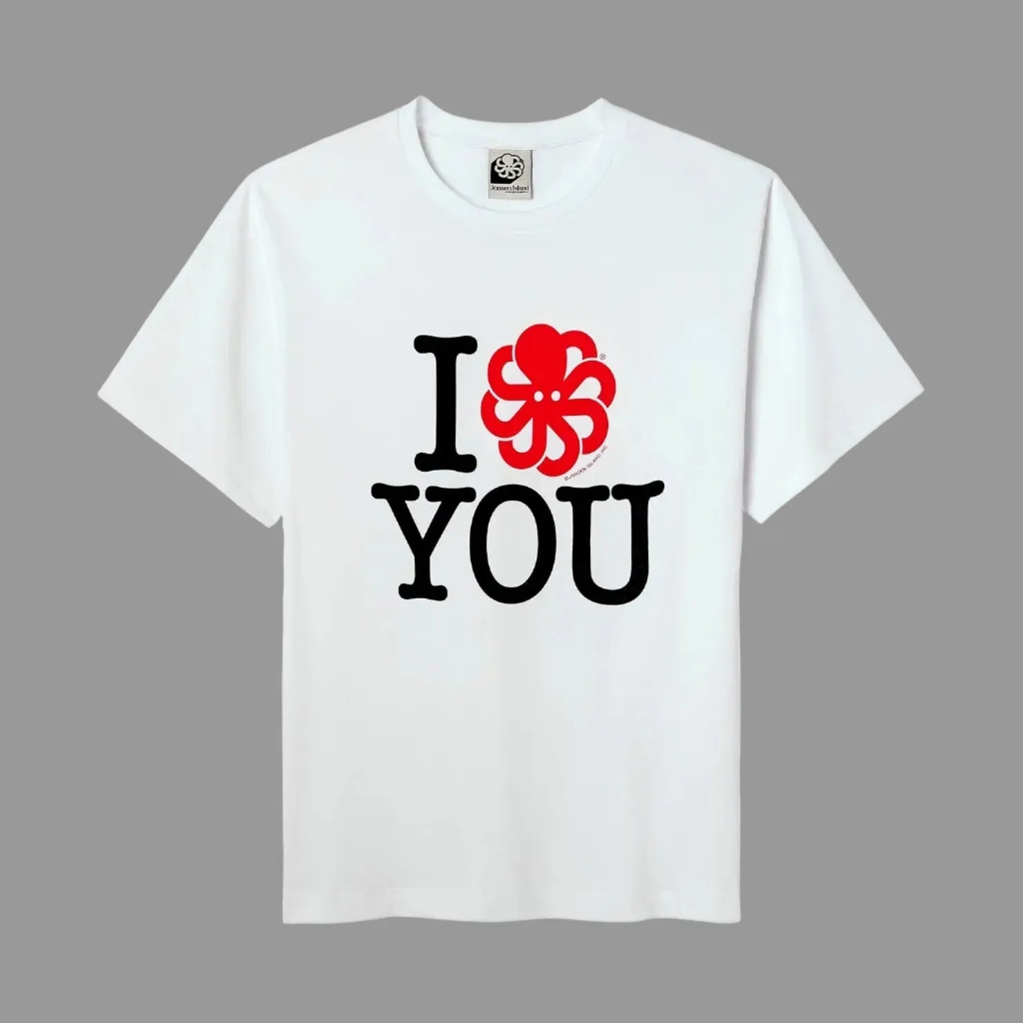 t-shirt jonsen island women blanc vue de face avec poulpe rouge et texte i love you noir