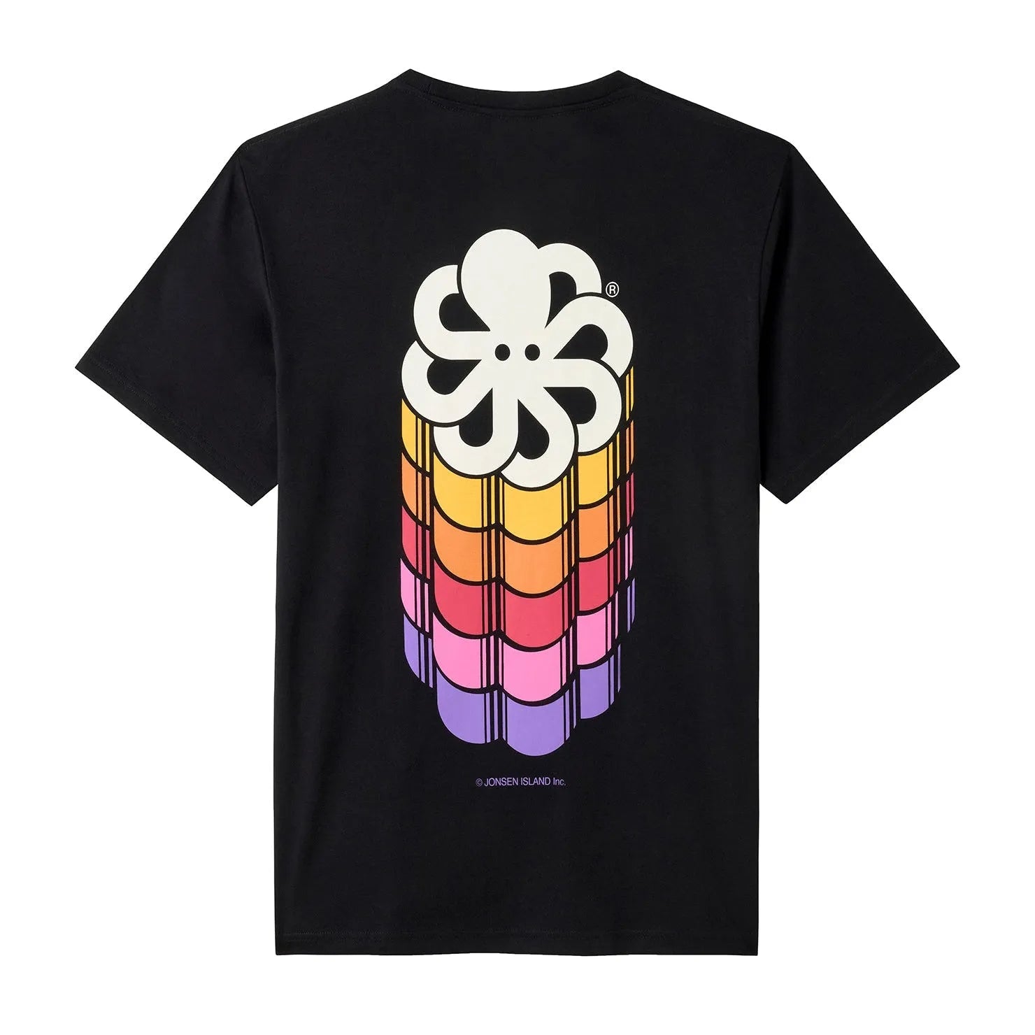 t-shirt jonsen island homme noir vue de dos avec poulpe multicolore effet relief