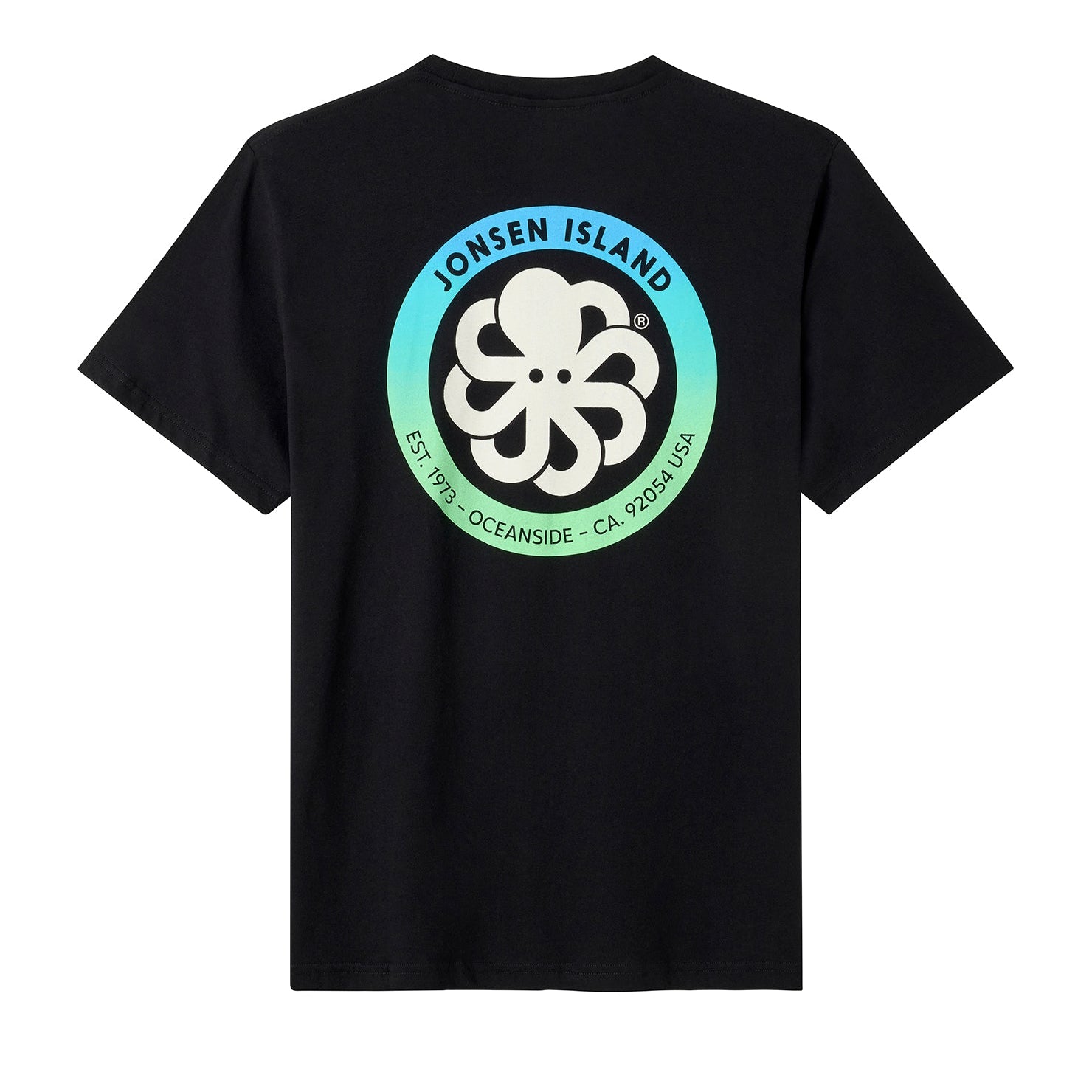 t-shirt jonsen island homme noir authentic vue de dos rond dégradé vert et bleu et poulpe blanc