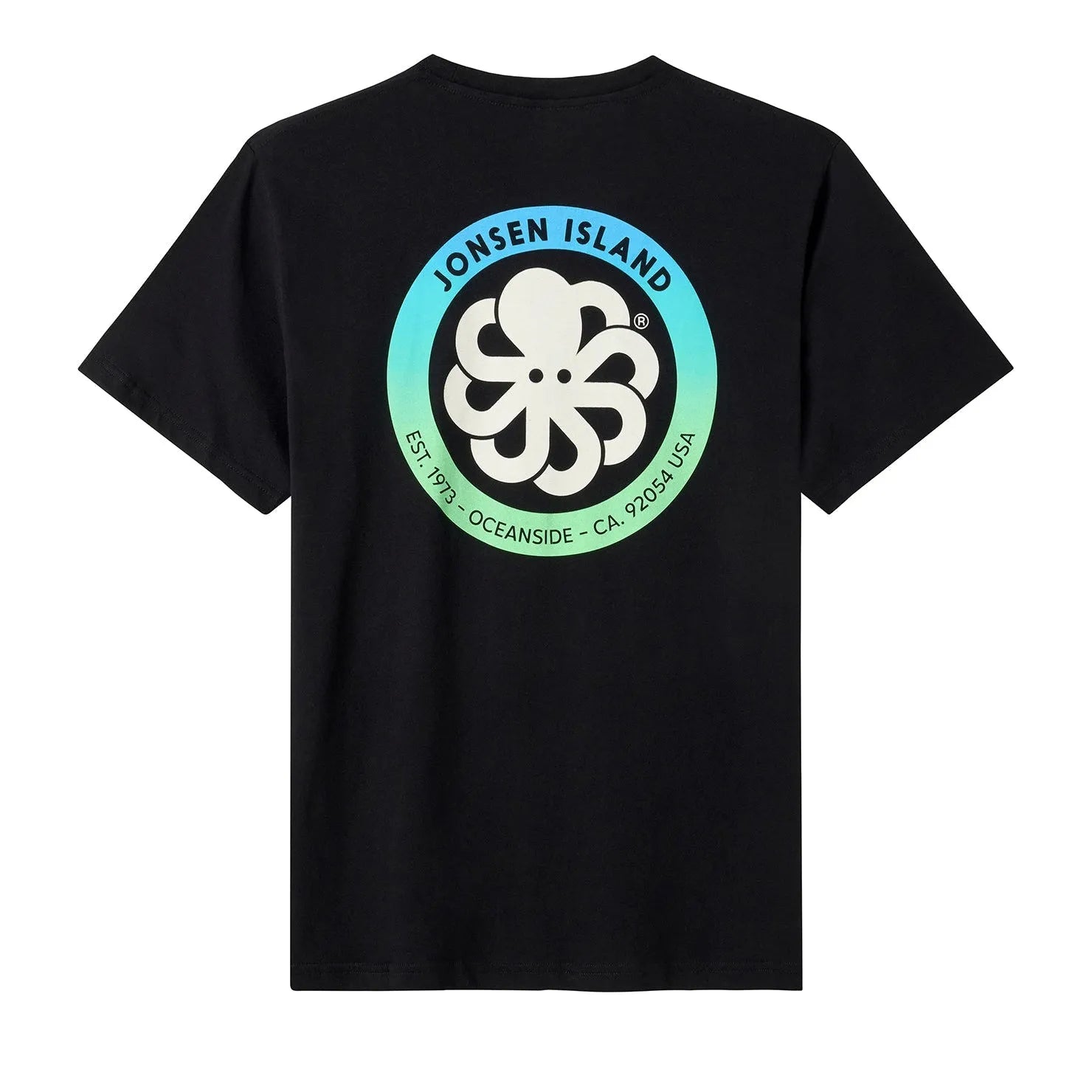 t-shirt jonsen island homme noir authentic vue de dos rond dégradé vert et bleu et poulpe blanc