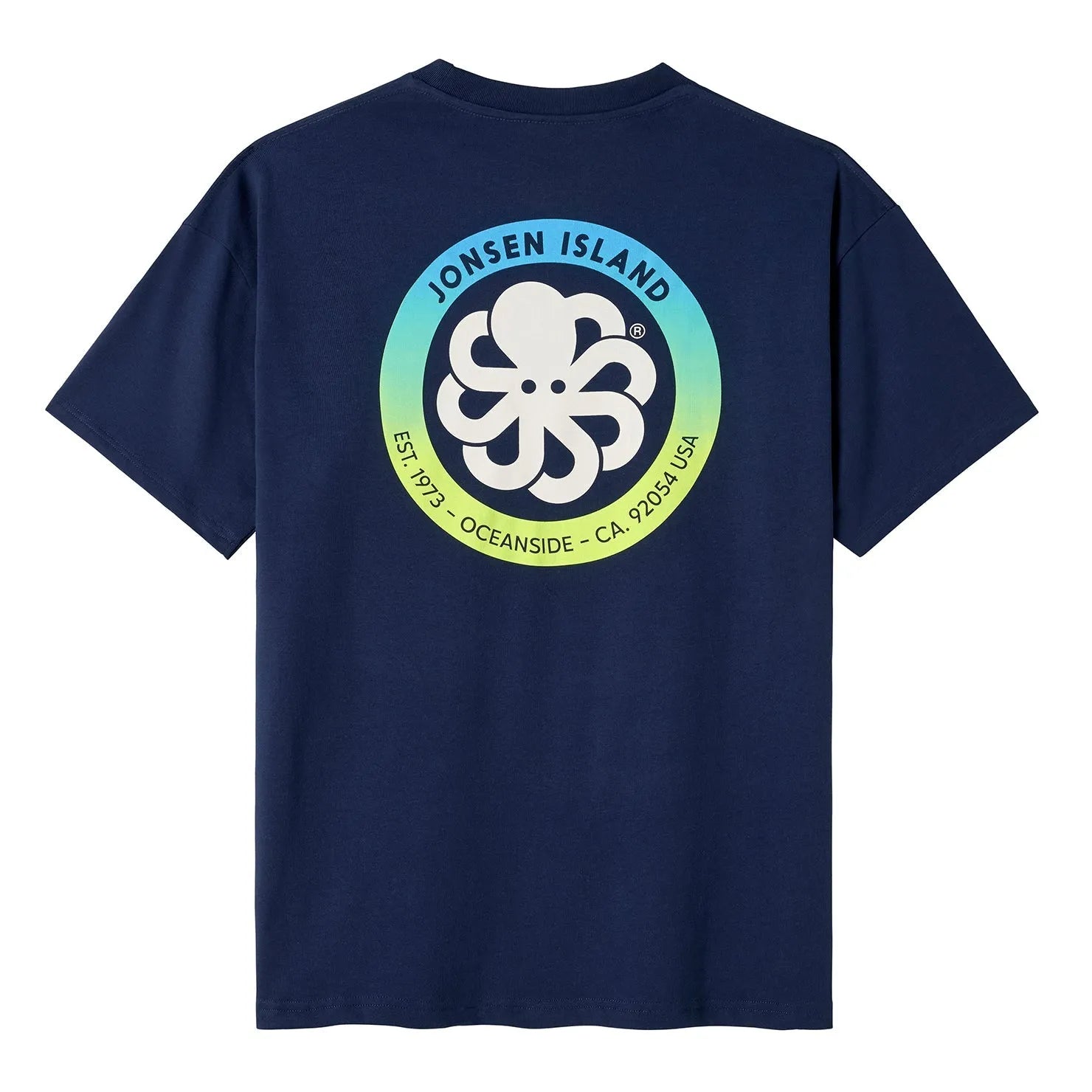 t-shirt jonsen island homme bleu navy authentic oversize vue de dos rond dégradé vert et jaune et poulpe blanc