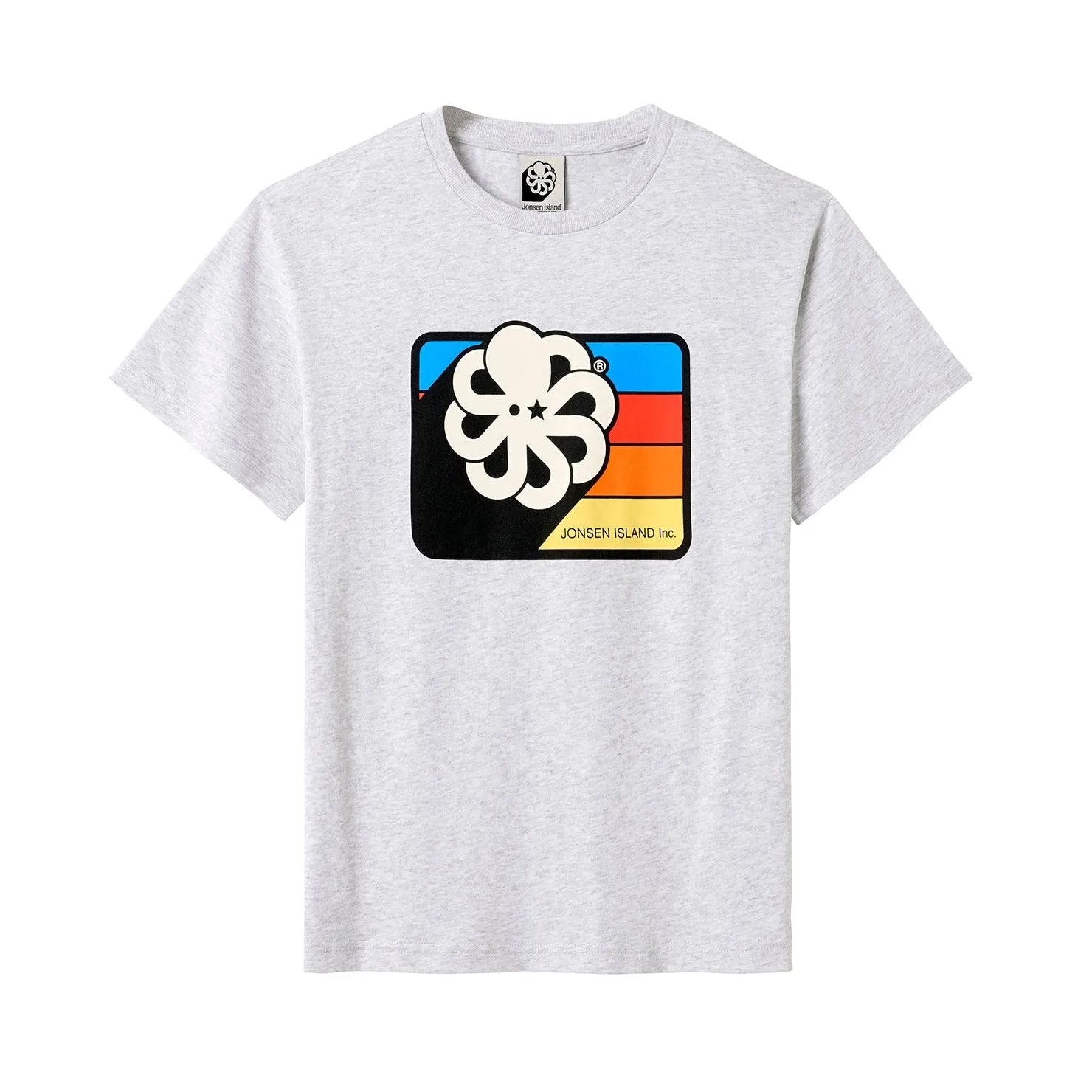 tee shirt gris enfant 3d frame poulpe blanc sur bandes multicolores vue de face