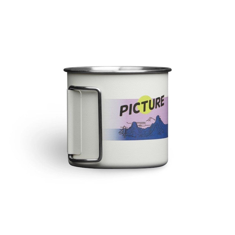tasse blanche avec logo rose et bleu vue de face avec anse repliee