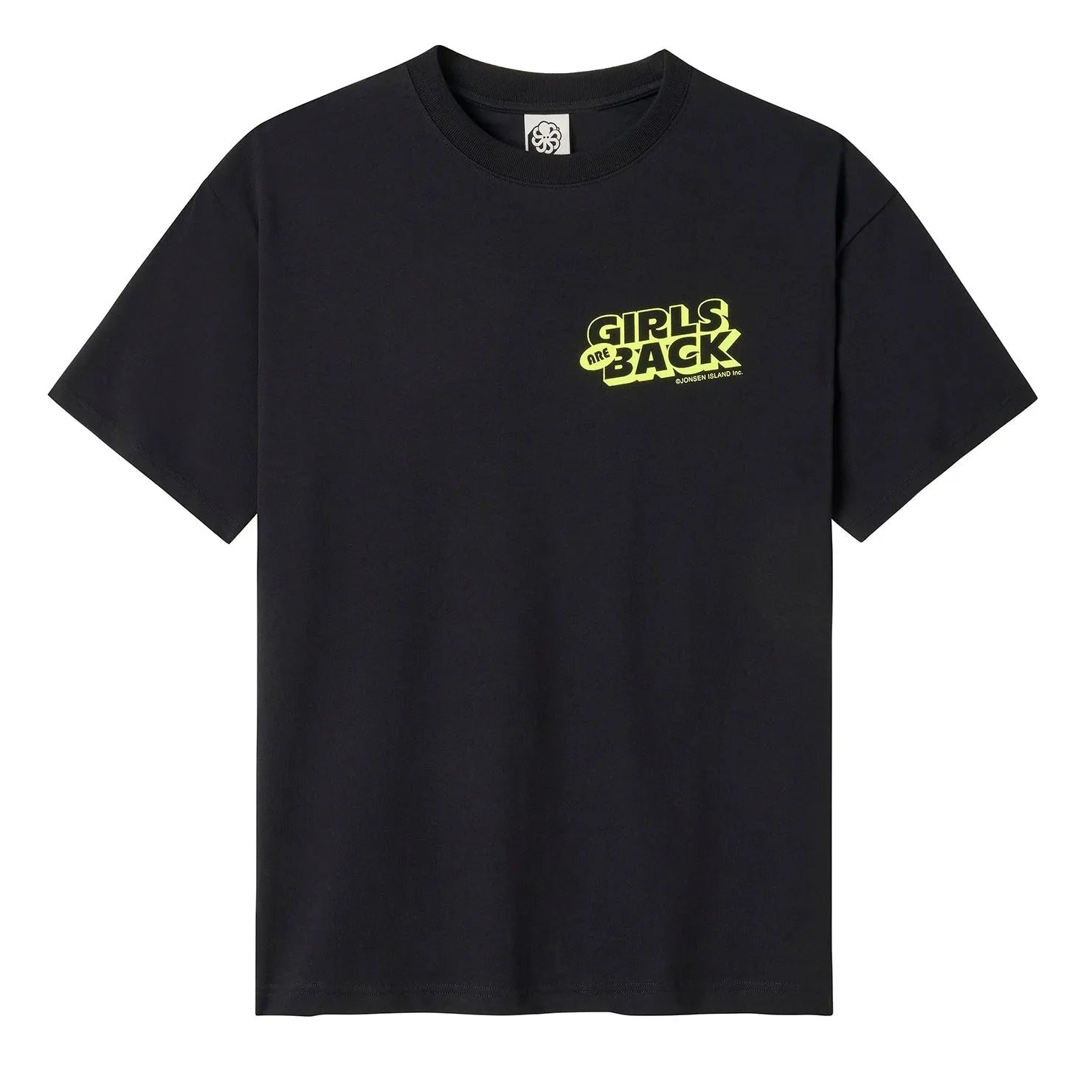 tee shirt oversize noir jonsen island avec logo coeur jaune style bd vue de face