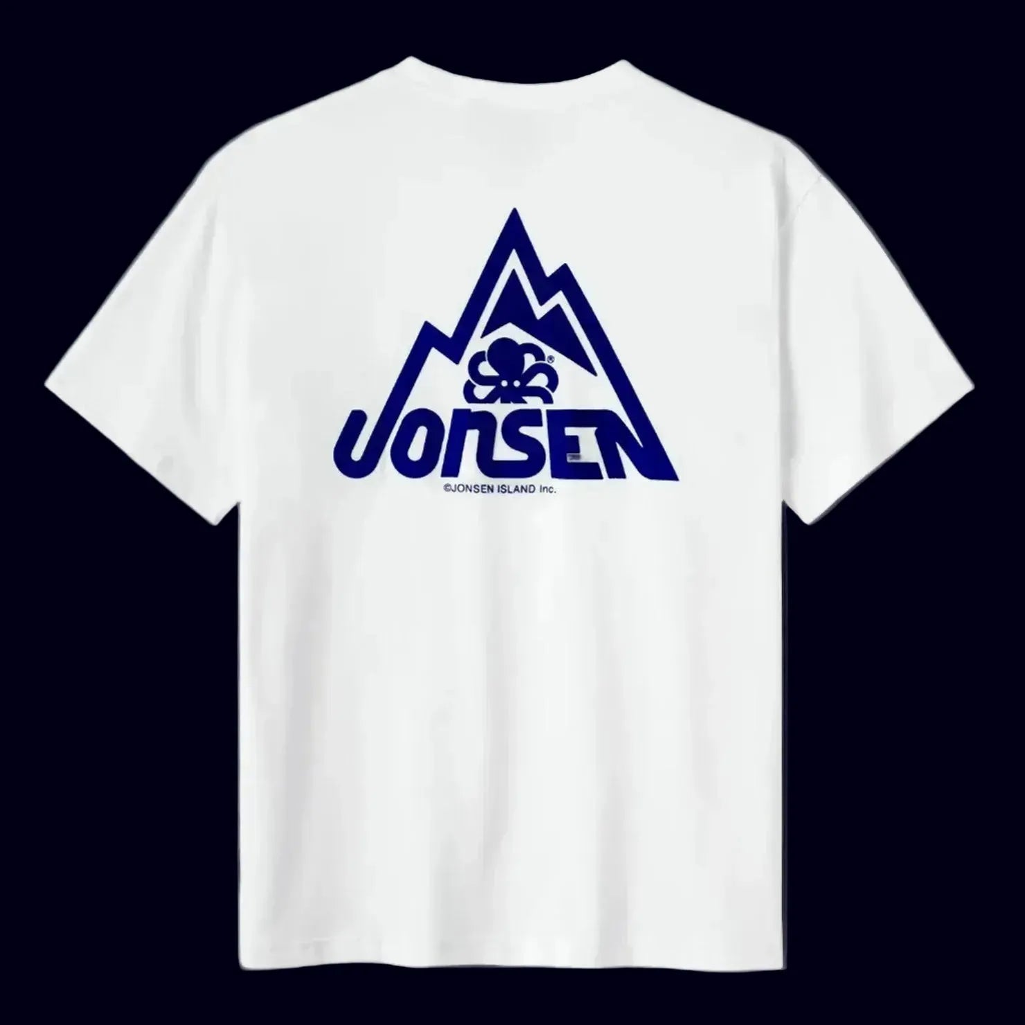 tee shirt confort noir jonsen island avec poulpe bleu et montagne stylisée bleue vue de dos