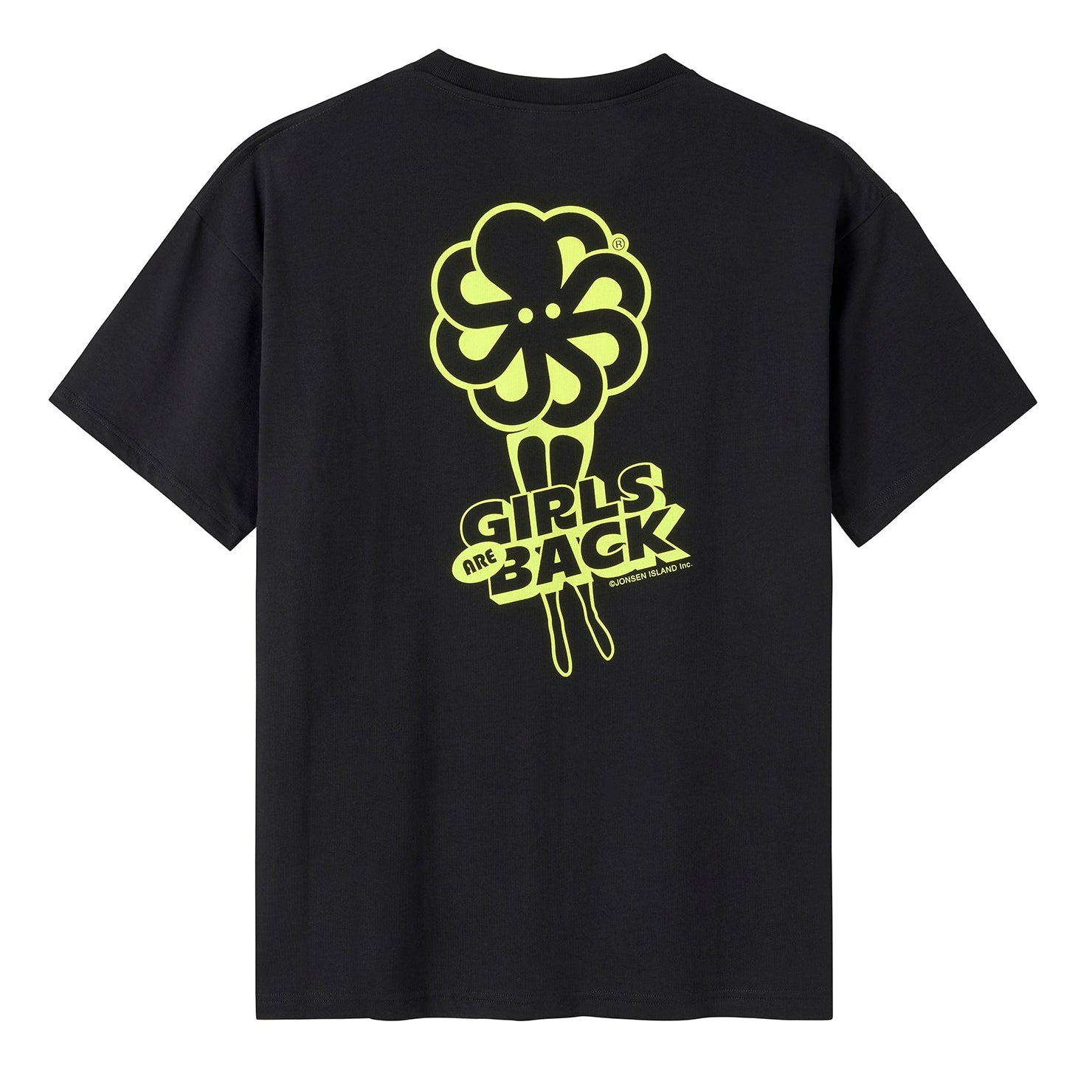 tee shirt confort noir jonsen island avec poulpe jaune et jambes de femme vue de dos