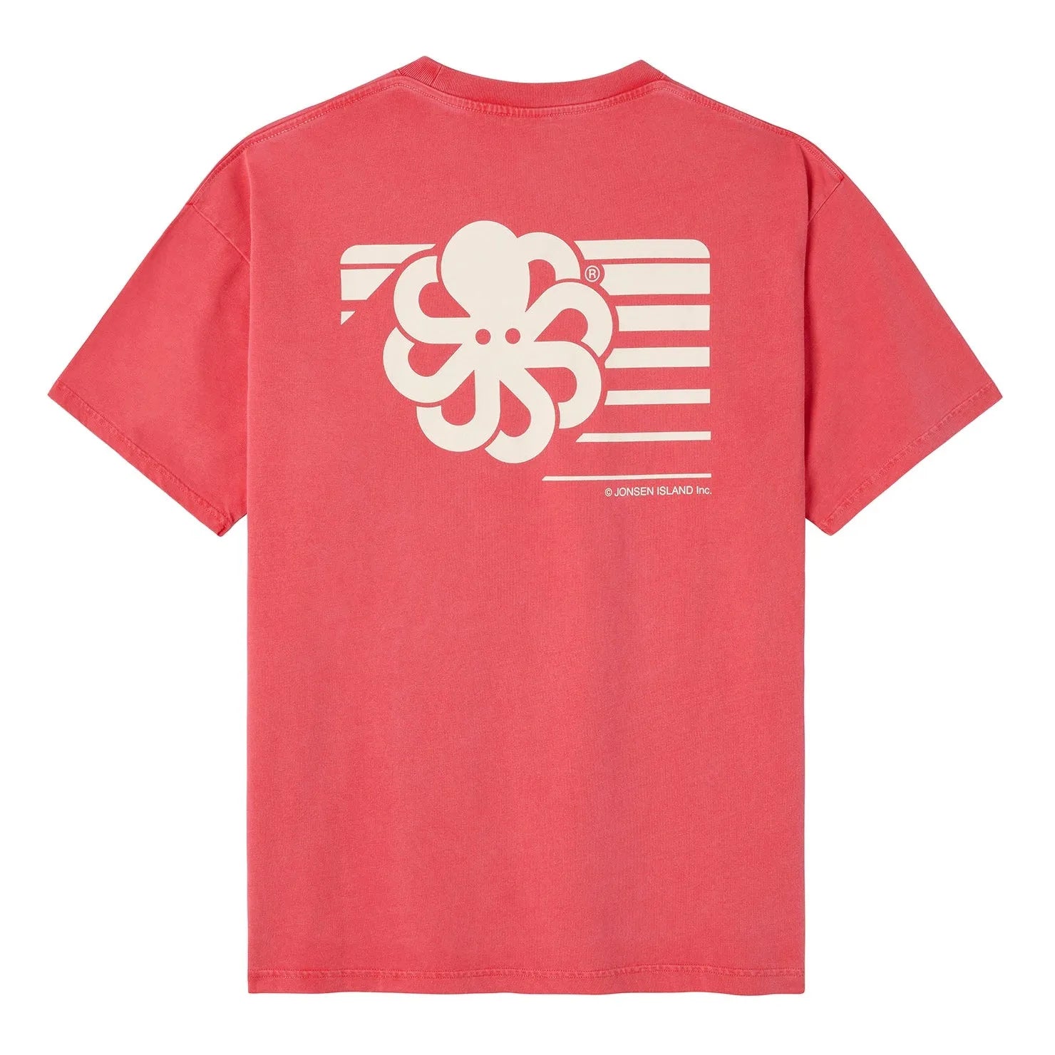 tee shirt confort rouge jonsen island avec poulpe blanc et traits horizontaux vue de dos