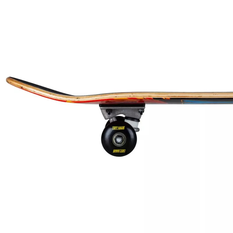 Vue latérale du skate Tony Hawk Shatter Logo orange bleu avec trucks montés