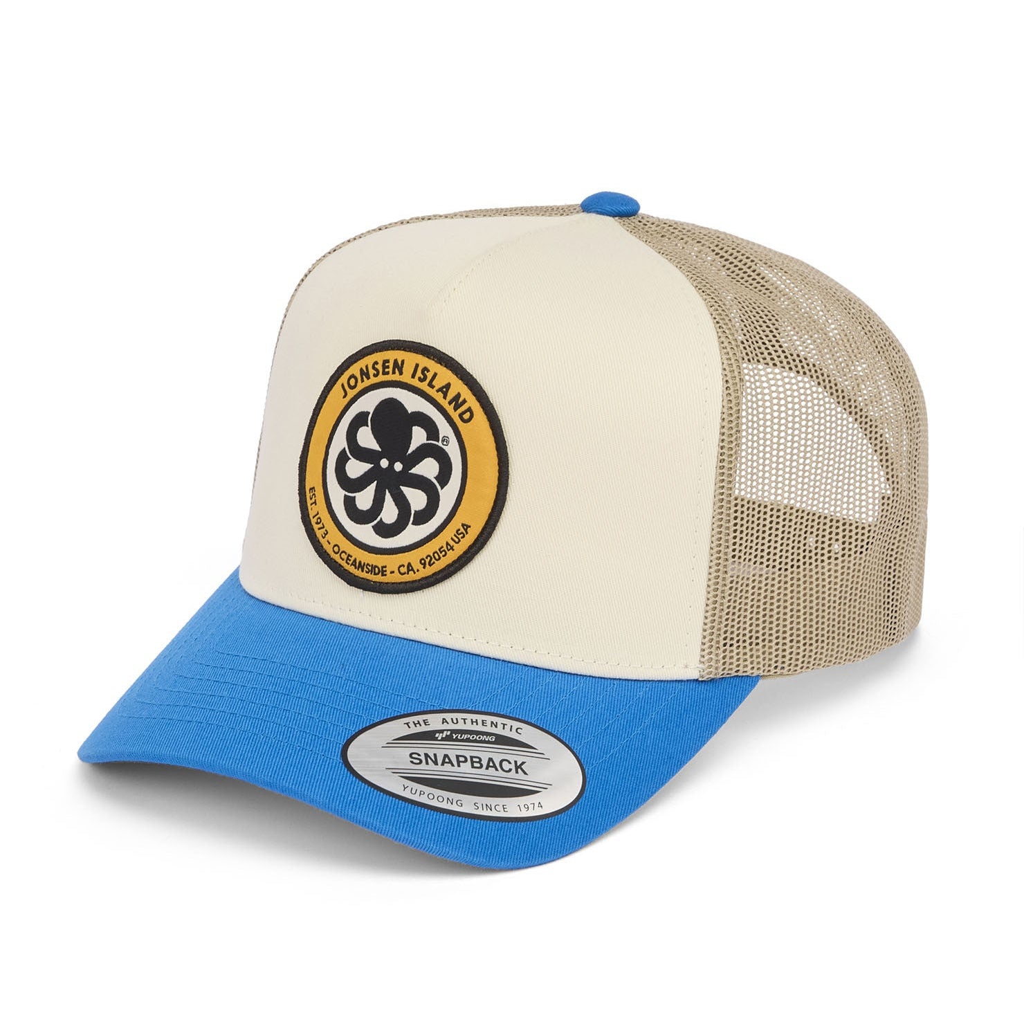 casquette jonsen island bleue blanche et beige vue de face