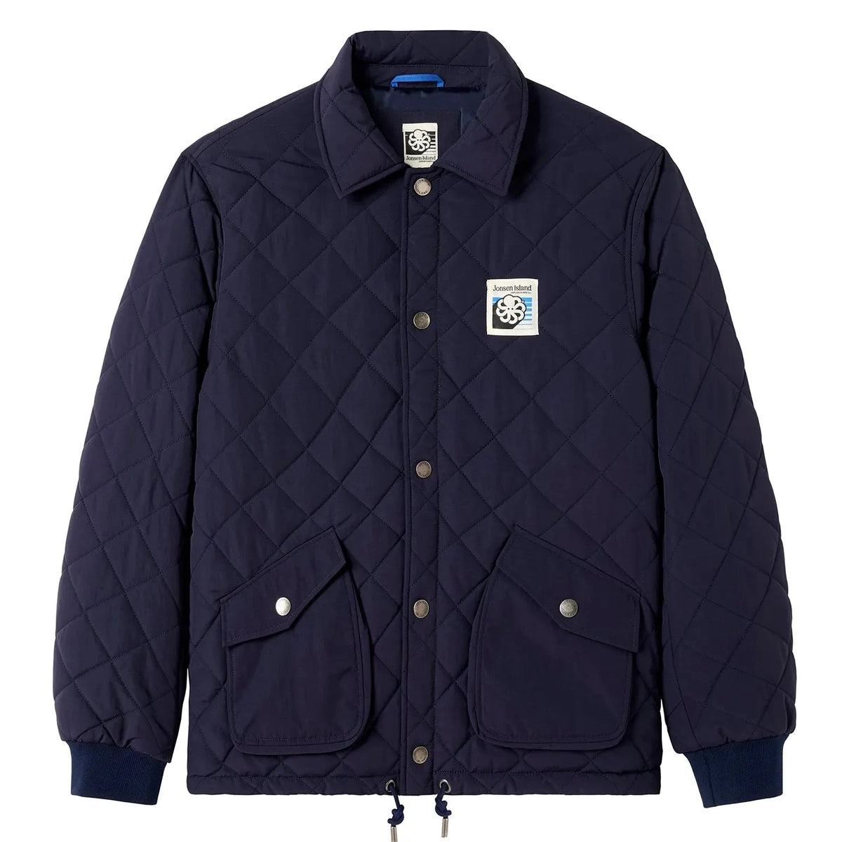 Big Sur navy sur fond blanc, veste matelassée à boutons-pression avec poches à rabat et finitions contrastées