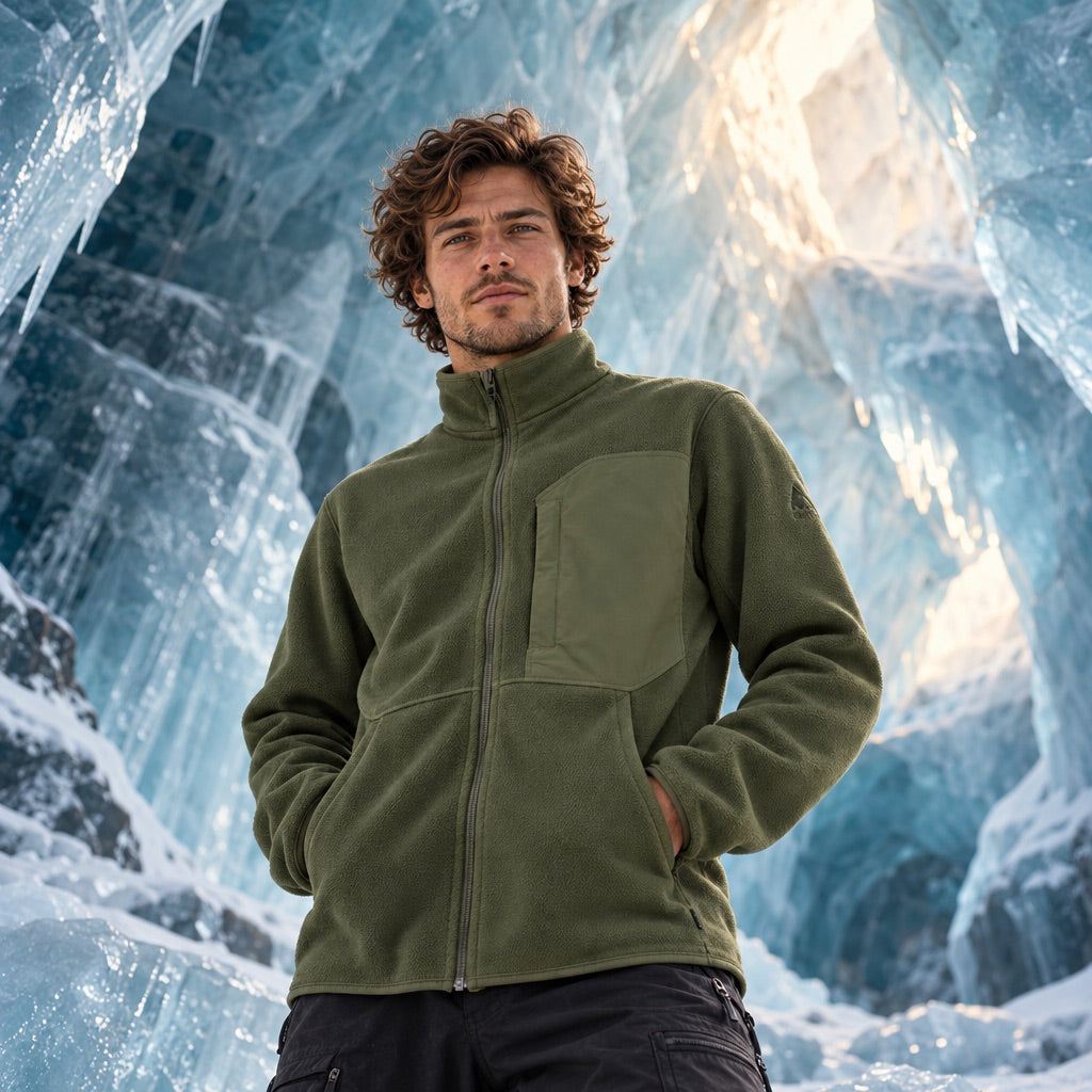 polaire zippée kaki runin burton portée vue de face dans grotte de glace