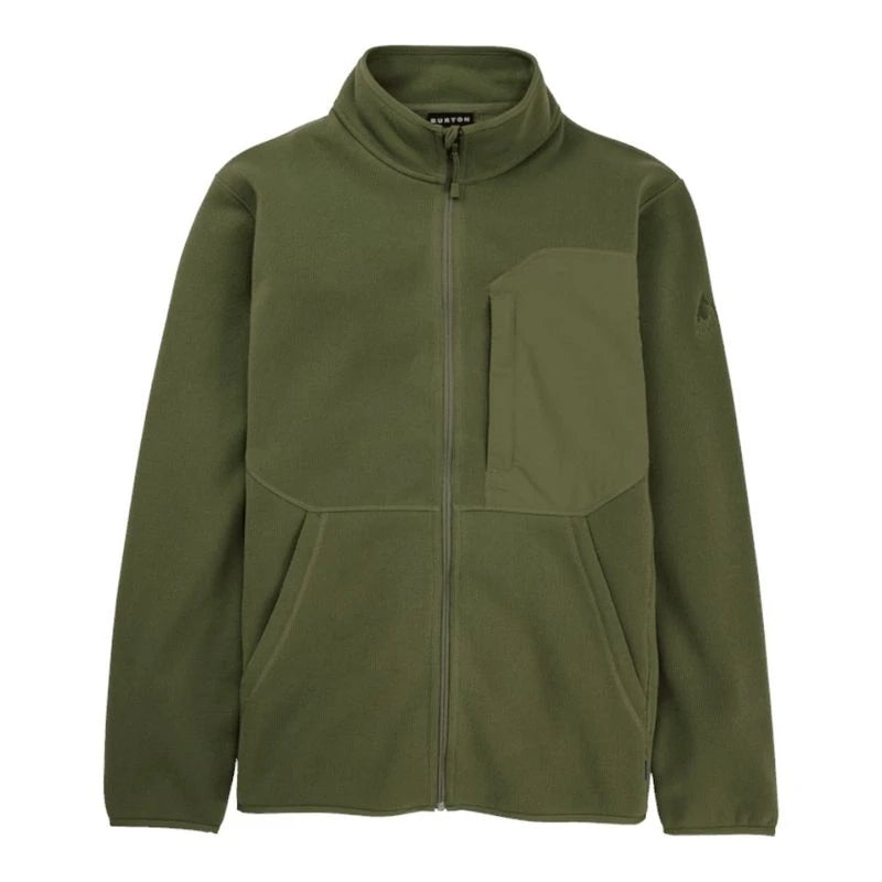 Veste polaire zippée Burton Runin homme Forest Moss vue de face, col montant, poche poitrine contrastée et deux poches basses.