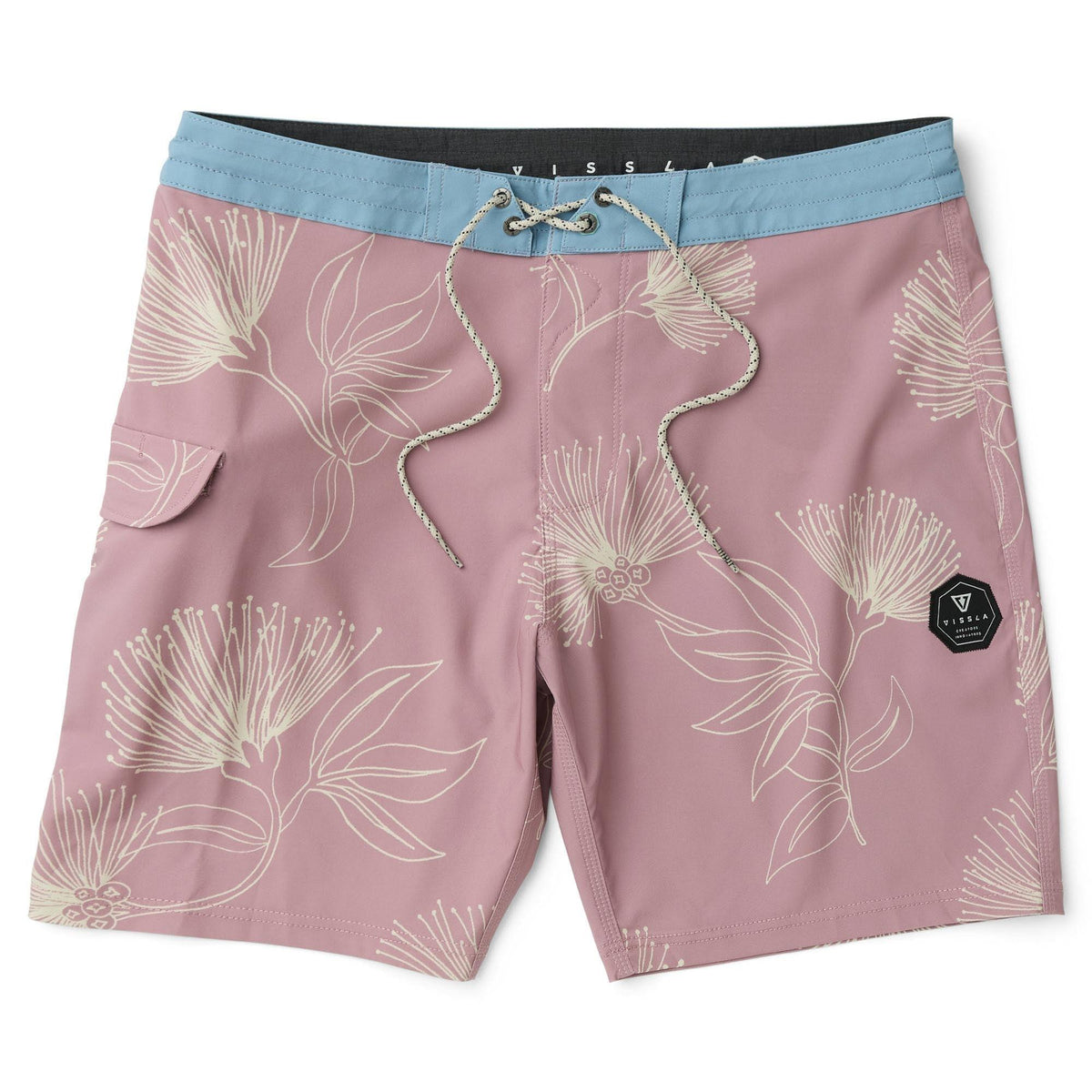 maillot de surf rose motif blanc et ceinture bleue vissla homme vue de face