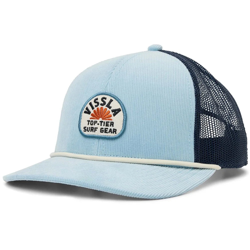 casquette trucker Vissla top tier surf gear bleu clair velours côtelé avec patch rond vue face