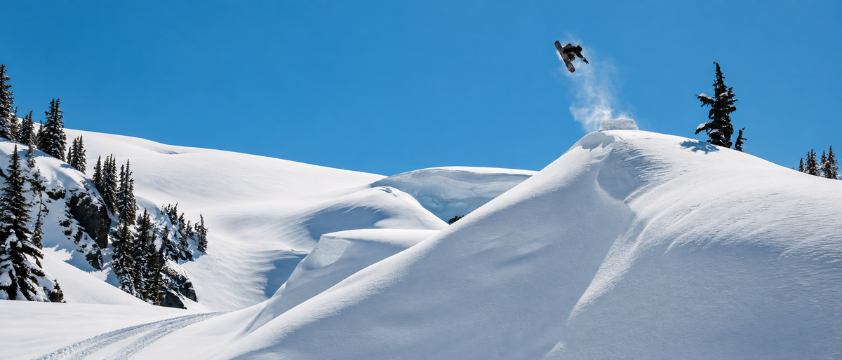snowboarder en saut avec planche snow burton sur montagne enneigée de poudreuse 