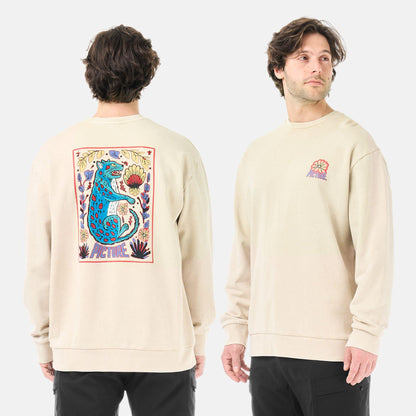 Sweatshirt homme Picture Organic Clothing Karo Crew Pure Cashmere Washed présenté de face et de dos, coupe Relaxed et grand motif graphique coloré au dos