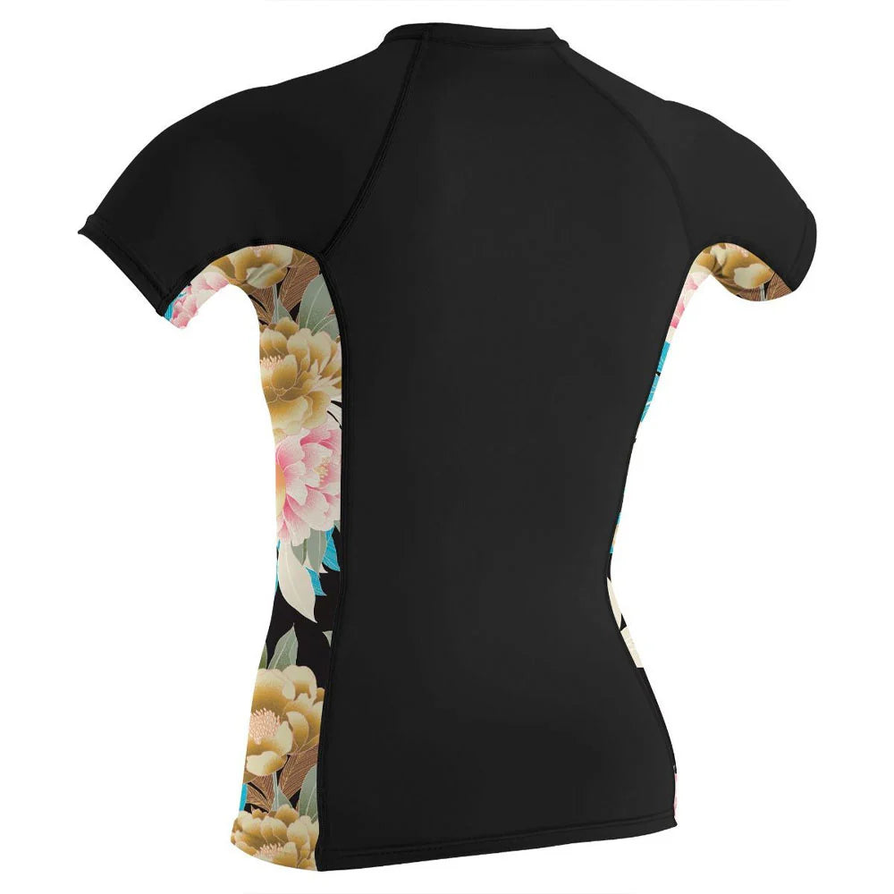 lycra o'neill femme noir manches courtes avec fleurs sur les cotés vue de dos