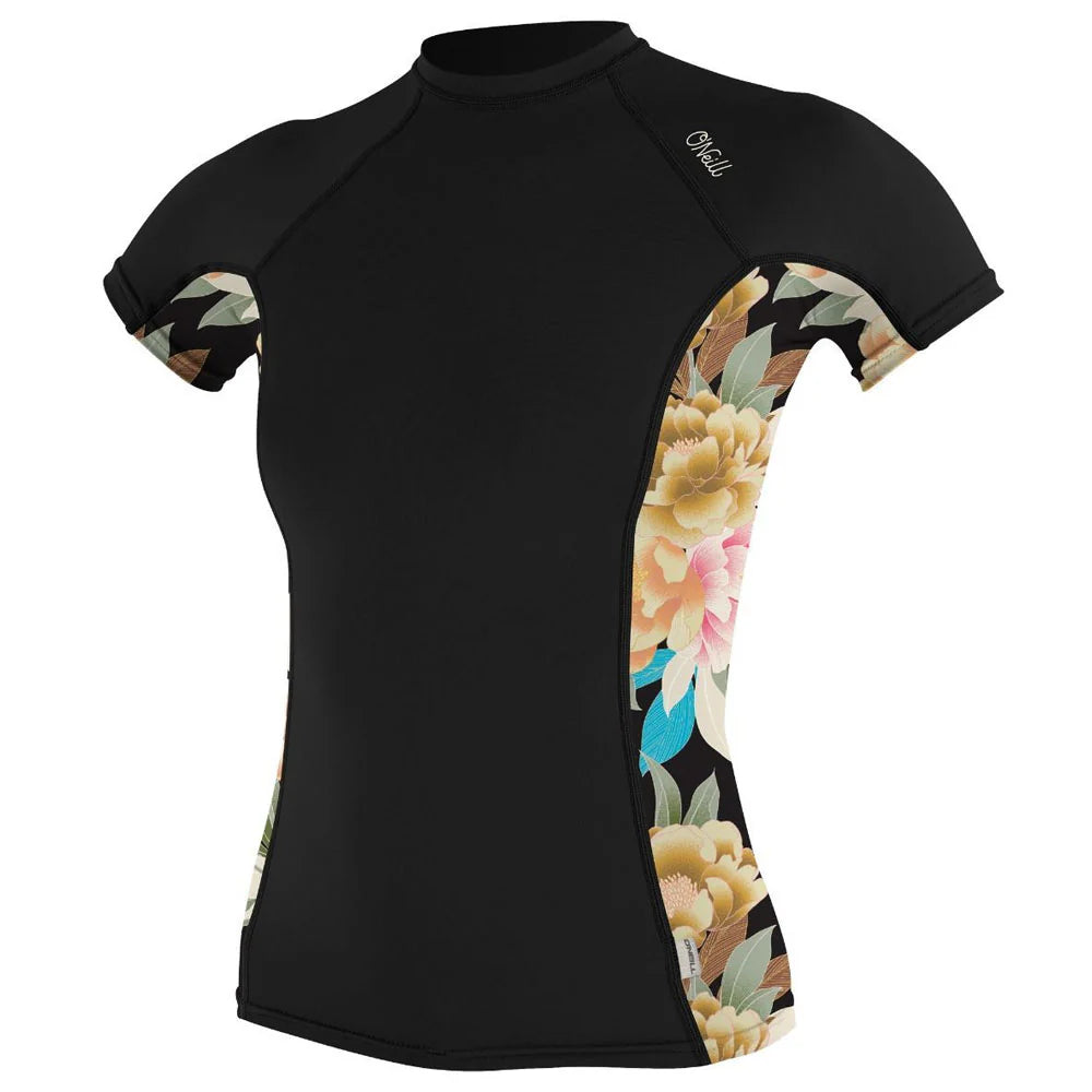 lycra o'neill femme noir manches courtes avec fleurs sur les cotés