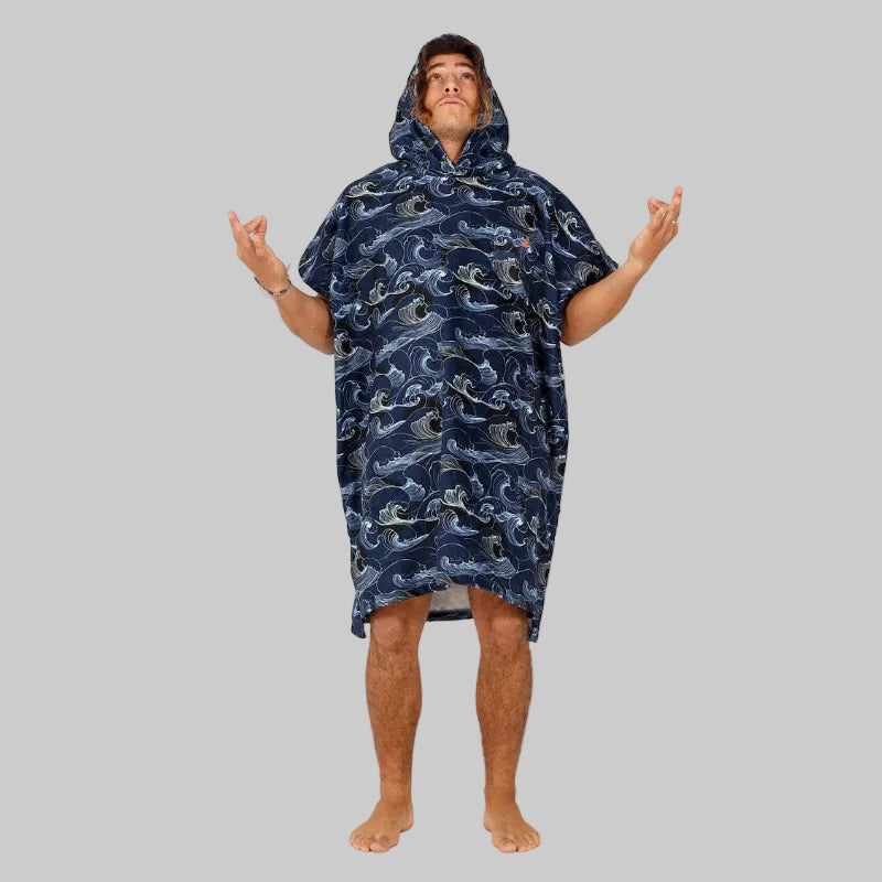 poncho de surf bleu avec vagues style japonais