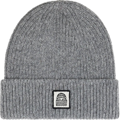 Bonnet homme Bask in the Sun To the Sea Grey en laine grise avec revers côtelé et écusson graphique noir et blanc