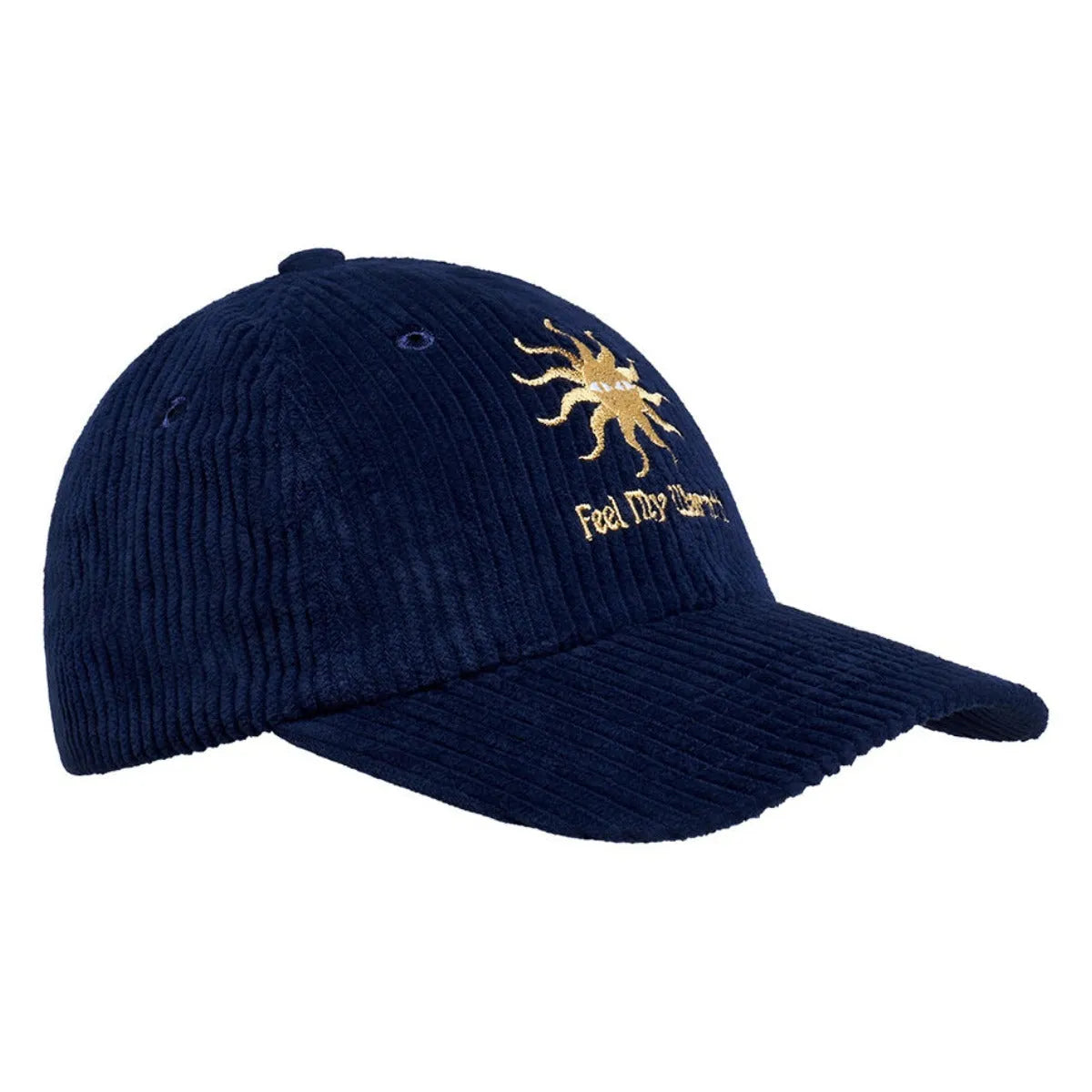 Casquette Bask in the Sun Warmth Indigo en velours côtelé bleu marine avec broderie jaune Feel The Warmth