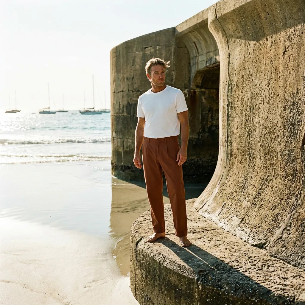 pantalon marron maguro porte par un homme dans une crique