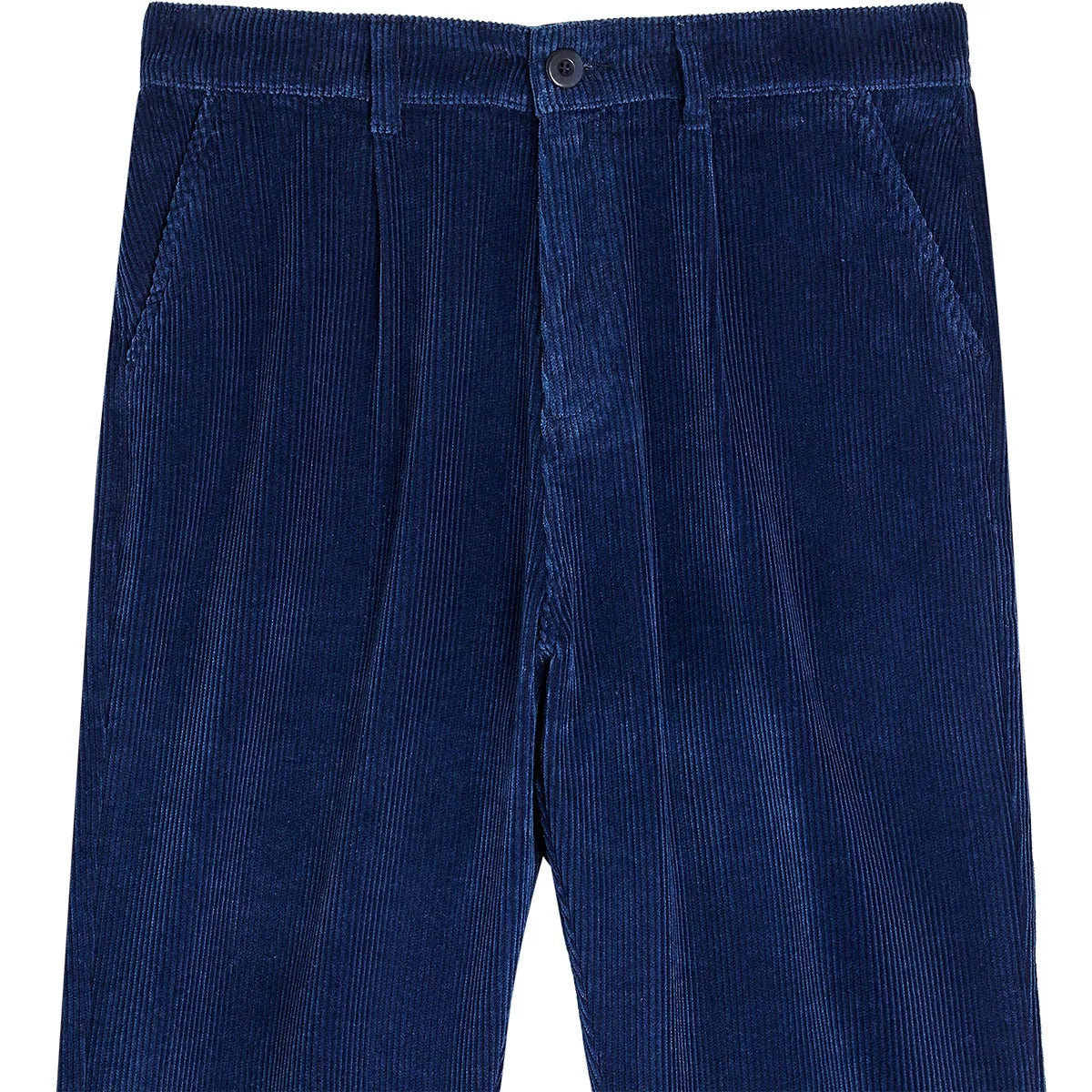 Pantalon surfwear Bask in the Sun Maguro Velours coloris Indigo, détail de la taille et des pinces sur le devant