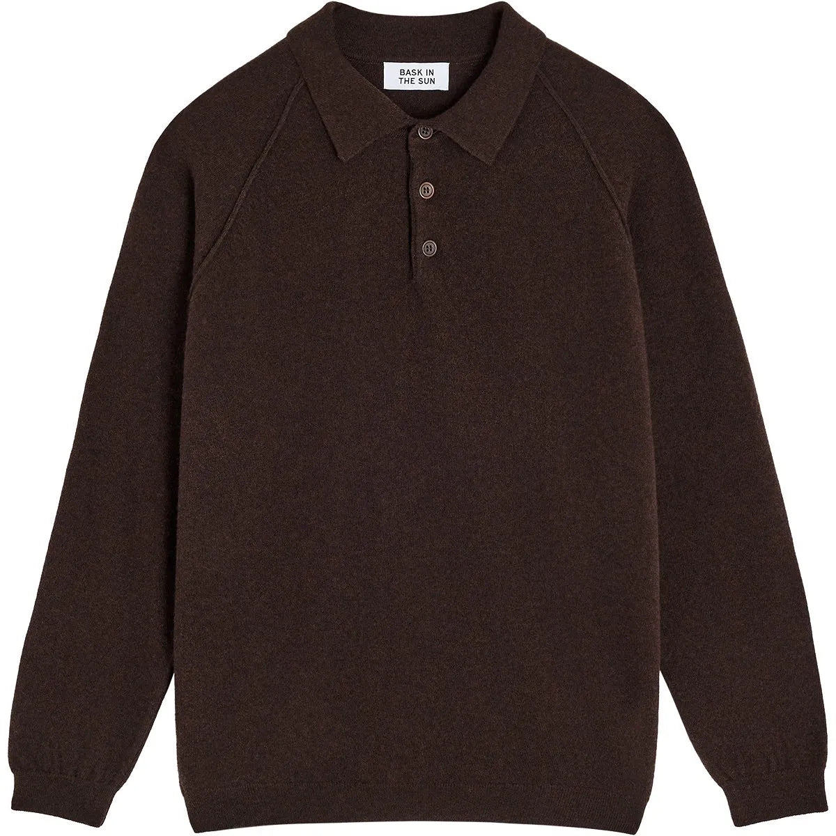Polo homme en laine Bask in the Sun Austin Chocolate marron foncé, manches longues et col boutonné