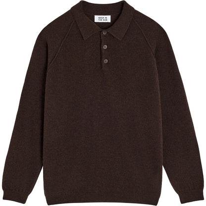 Polo homme en laine Bask in the Sun Austin Chocolate marron foncé, manches longues et col boutonné
