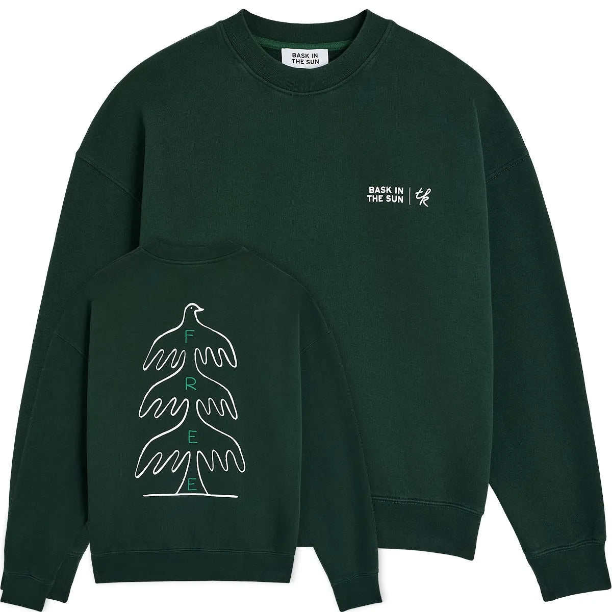 Sweat surfwear Bask in the Sun Free coloris Forest, vues avant et arrière avec illustration de Timo Kuilder