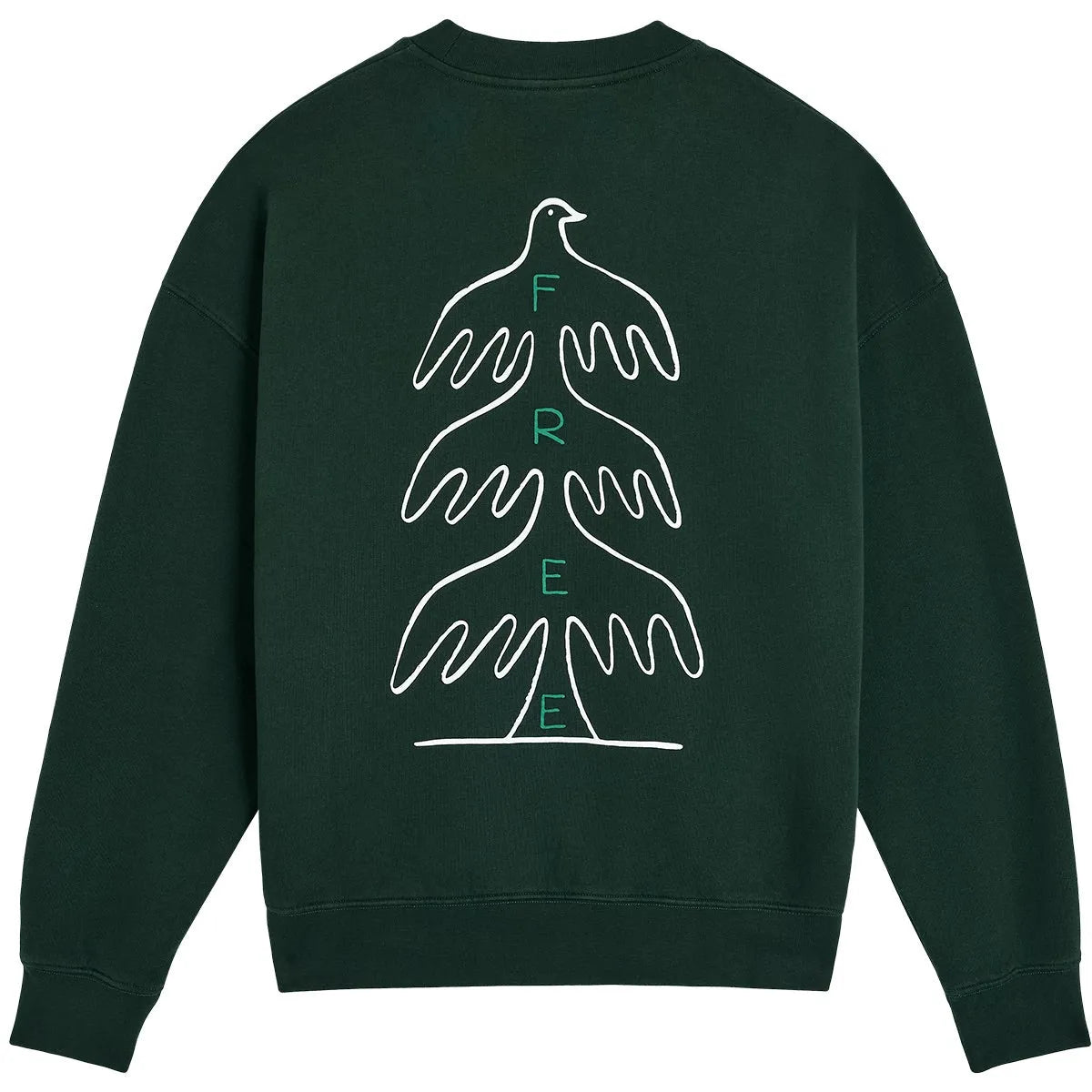 Sweatshirt homme Bask in the Sun Free Forest vert foncé avec trois oiseaux blancs stylisés et lettres FREE au dos