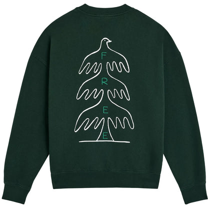 Sweatshirt homme Bask in the Sun Free Forest vert foncé avec trois oiseaux blancs stylisés et lettres FREE au dos