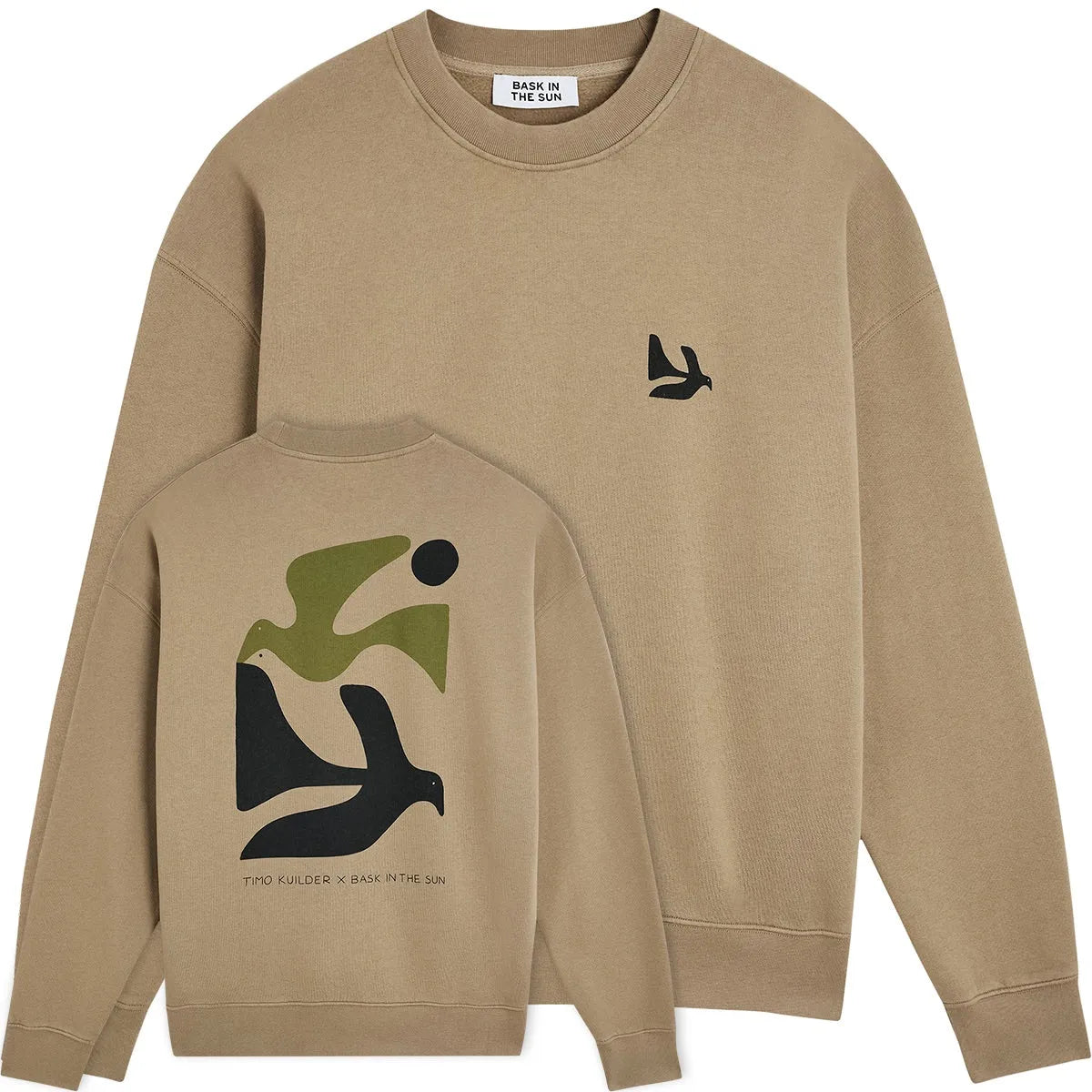 Sweat surfwear Bask in the Sun Peace coloris Almond, vues avant et arrière avec illustration de Timo Kuilder