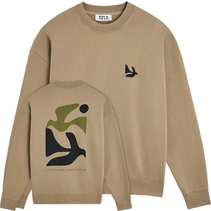 Sweat surfwear Bask in the Sun Peace coloris Almond, vues avant et arrière avec illustration de Timo Kuilder