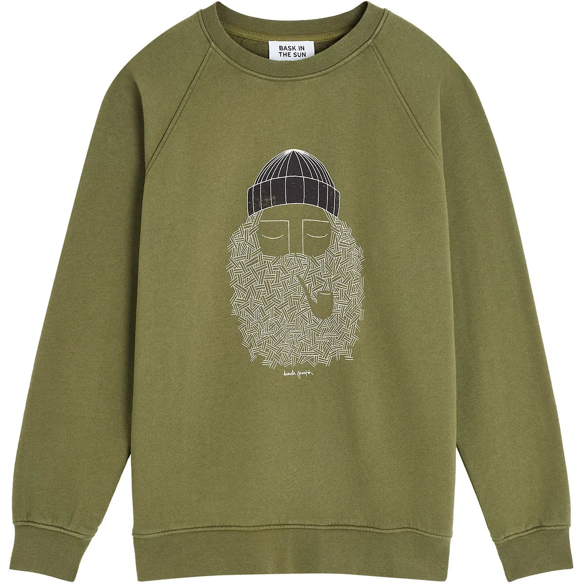 Sweatshirt homme Bask in the Sun Smoking Pipe Moss vert mousse avec grand visage barbu au bonnet imprimé sur la poitrine