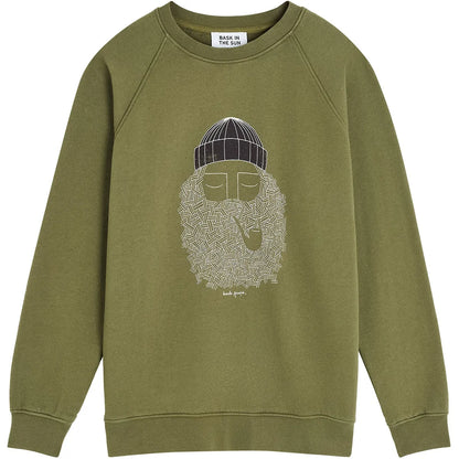 Sweatshirt homme Bask in the Sun Smoking Pipe Moss vert mousse avec grand visage barbu au bonnet imprimé sur la poitrine