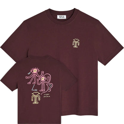 Tee-shirt surfwear Bask in the Sun Eye coloris Wine, vues avant et arrière avec illustration de Marcello Velho