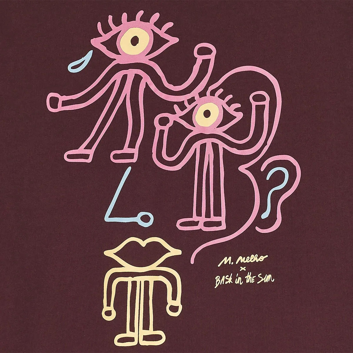 Détail du motif Eye représentant deux animaux fantastiques roses aux yeux jaunes et des symboles graphiques