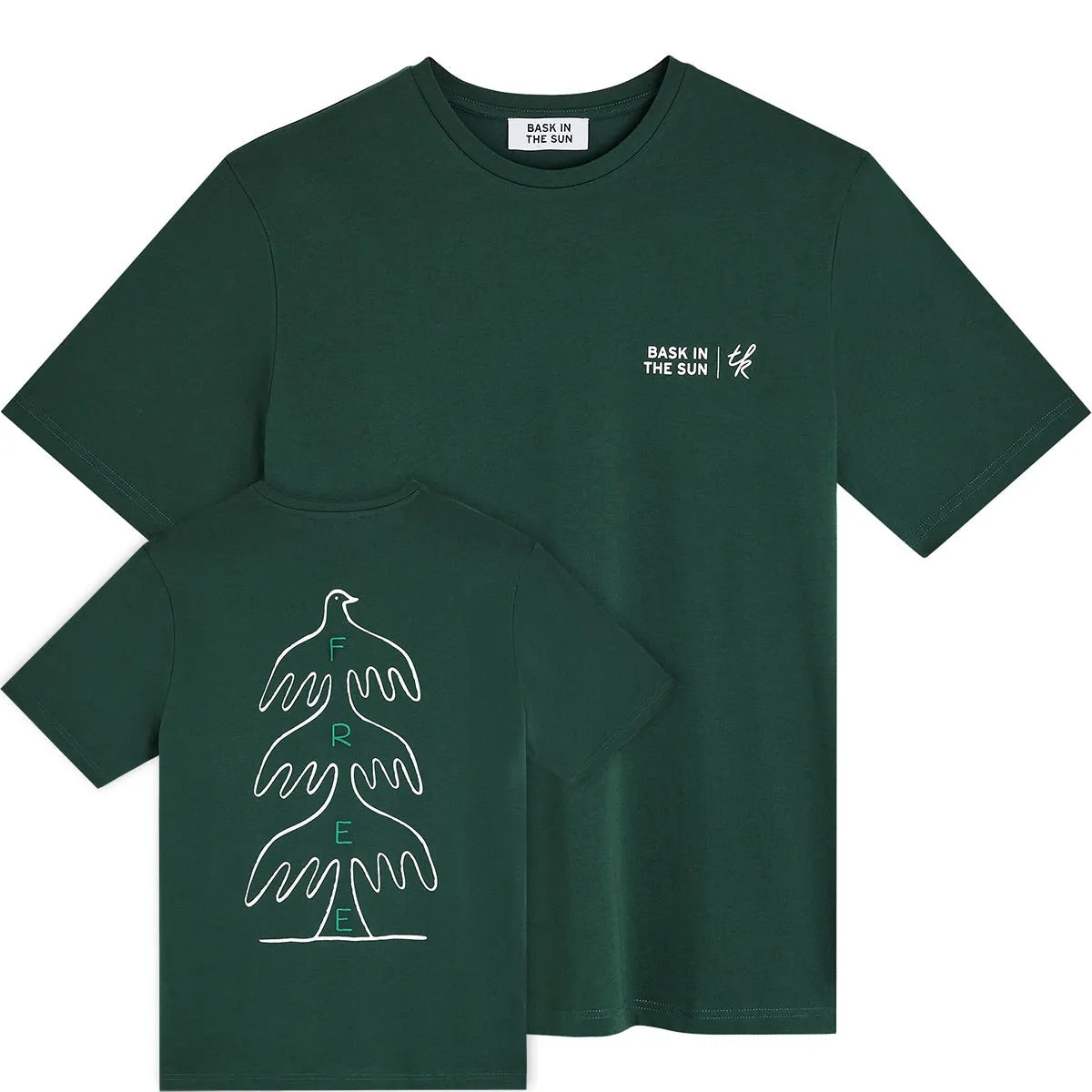 Tee-shirt surfwear Bask in the Sun Free coloris Forest, vues avant et arrière avec illustration de Timo Kuilder