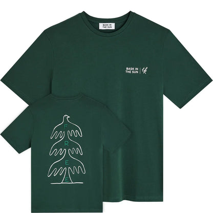 Tee-shirt surfwear Bask in the Sun Free coloris Forest, vues avant et arrière avec illustration de Timo Kuilder
