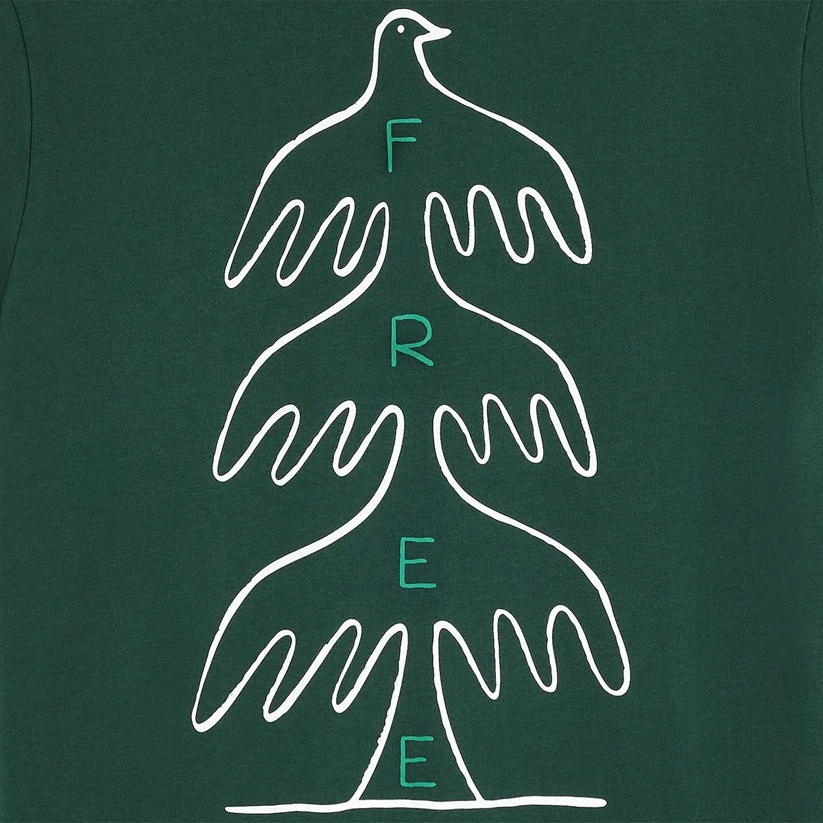 Détail du motif Free représentant trois oiseaux aux ailes déployées et le mot FREE inscrit verticalement