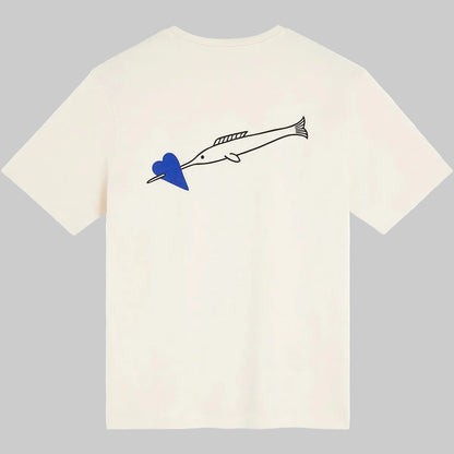 T-shirt homme Bask in the Sun Hearth Ivory avec grand motif cœur violet traversé par une flèche noire au dos
