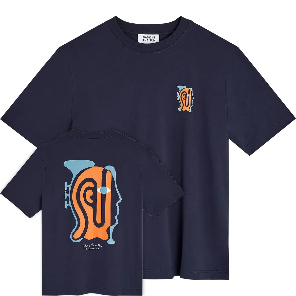 Tee-shirt surfwear Bask in the Sun Jazzman bleu marine, vues avant et arrière avec imprimés David Vanadia