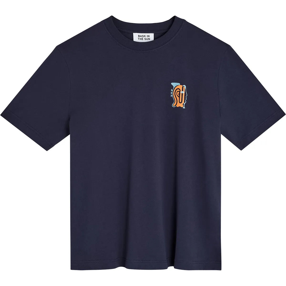 T-shirt homme Bask in the Sun Jazzman bleu marine, vue de face avec petit motif graphique orange sur la poitrine