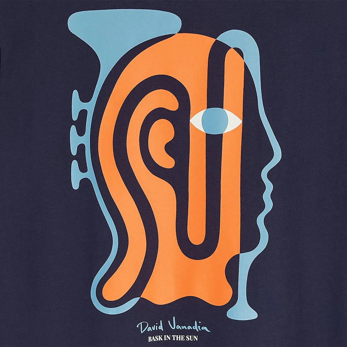 Détail du motif Jazzman orange, bleu clair et noir représentant un visage abstrait et une trompette stylisée