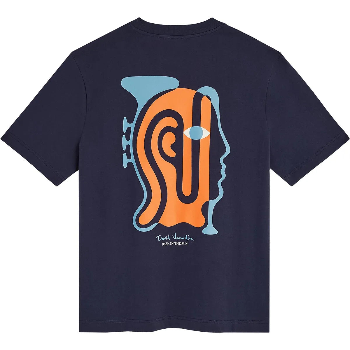 T-shirt homme Bask in the Sun Jazzman Navy avec grand motif graphique orange et bleu inspiré du jazz au dos