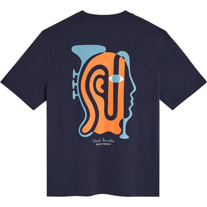 T-shirt homme Bask in the Sun Jazzman Navy avec grand motif graphique orange et bleu inspiré du jazz au dos