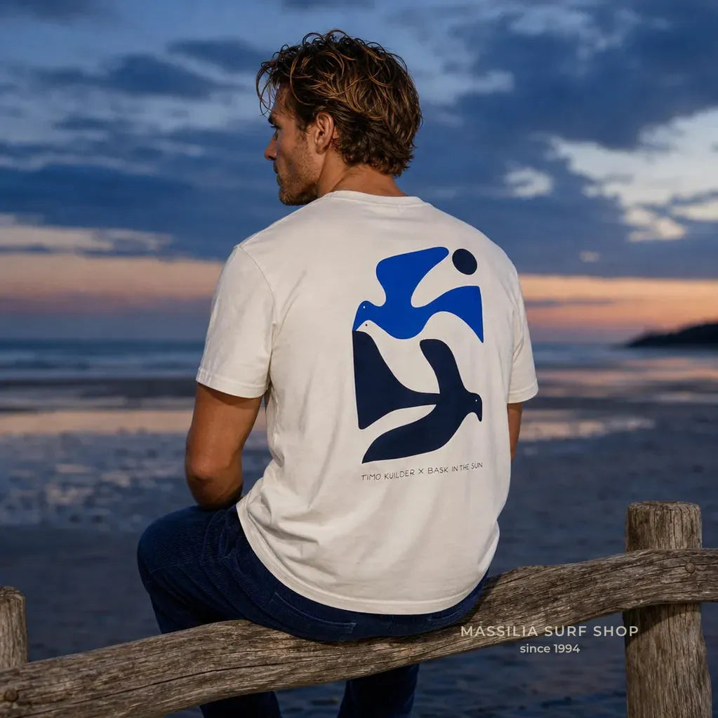tee shirt bas in the sun homme blanc avec oiseaux stylisés dans le dos