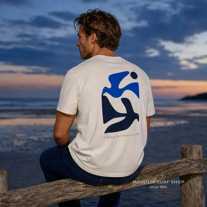 tee shirt bas in the sun homme blanc avec oiseaux stylisés dans le dos