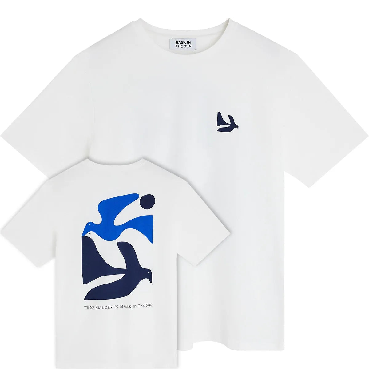 T-shirt surfwear Bask in the Sun Peace écru, vues avant et arrière avec motifs bleus